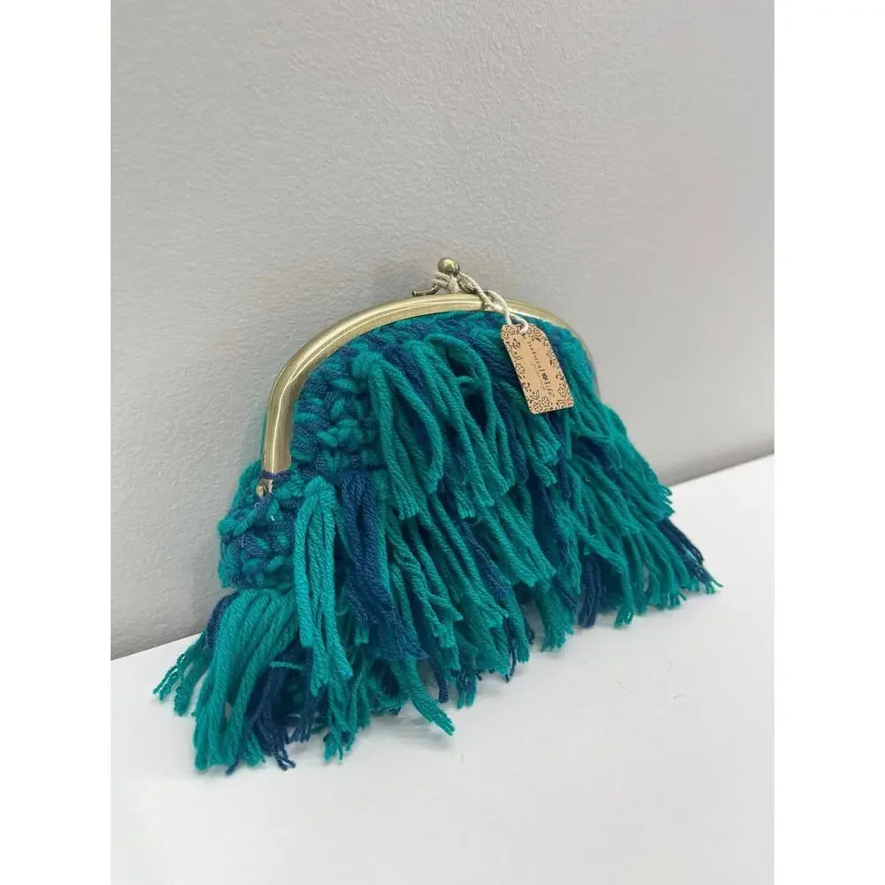 Natural Life Coin Purse Blue Green Crochet Yarn Fringe Pouch Kisslock Artsy Boho